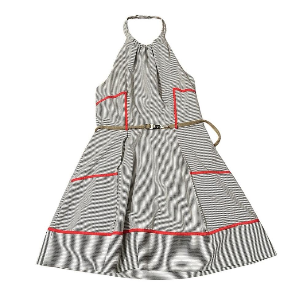 Jessica Simpson Striped Seersucker Belted Halter Dress Gray White Womens Size 14